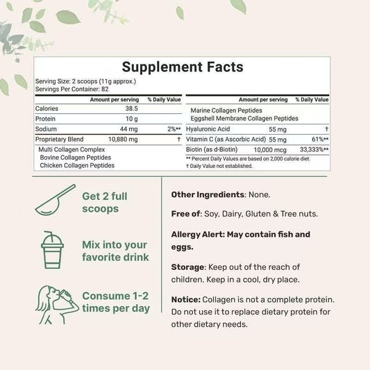 Multi Collagen Peptides Powder | Biotin, Vitamin C & Hyaluronic Acid Supplement