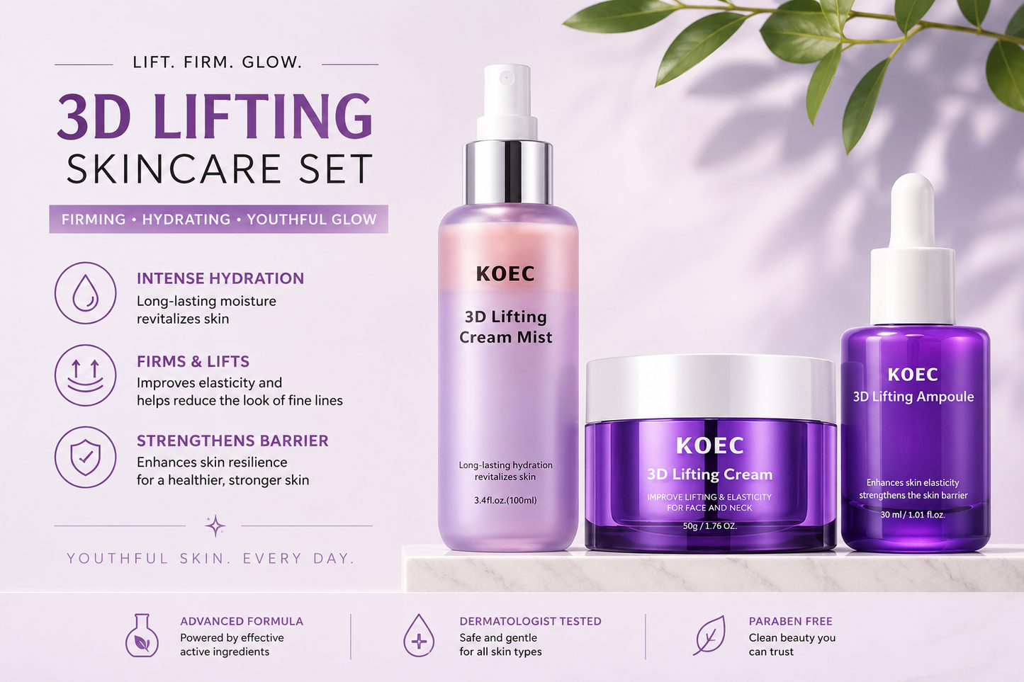 KOEC 3D Lifting Skincare Collection | Cream, Ampoule & Cream Mist Set