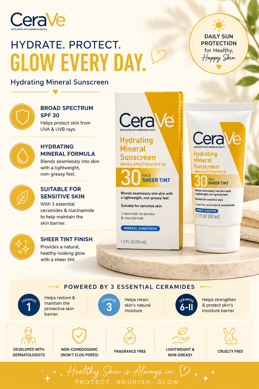 CeraVe Hydrating Mineral Sunscreen SPF 30 Sheer Tint | Tinted Face Sunscreen
